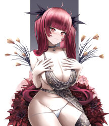 Rule 34 | 1girl, adapted costume, azur lane, backless dress, backless outfit, bare shoulders, black choker, breasts, choker, cleavage, cosplay, dress, evening gown, flower, halter dress, halterneck, hands on own chest, highres, honolulu (azur lane), kainines, large breasts, long hair, official alternate costume, panties, plunging neckline, red eyes, red flower, red hair, revealing clothes, silver dress, simple background, sitting, solo, st. louis (azur lane), st. louis (azur lane) (cosplay), st. louis (luxurious wheels) (azur lane), underwear, very long hair, white panties