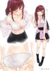 Rule 34 | 10s, 1girl, 2016, adjusting clothes, adjusting panties, ama mitsuki, artist name, ass, bag, black legwear, bra, braid, breasts, brown hair, character sheet, cleavage, closed eyes, clothes around waist, commentary, dated, dress shirt, fanning face, from behind, full body, green eyes, hair over shoulder, hot, jacket, kantai collection, lace, lace-trimmed bra, lace trim, loafers, long hair, medium breasts, multiple views, noshiro (kancolle), open clothes, open mouth, open shirt, panties, pigeon-toed, pleated skirt, school uniform, see-through, shirt, shoes, shoulder bag, signature, simple background, skirt, socks, standing, sweat, sweater, sweater around waist, swept bangs, tied jacket, underwear, undressing, white background, white bra, white panties