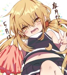Rule 34 | 1girl, black skirt, blonde hair, blush, crescent, fang, from below, hair between eyes, highres, kantai collection, leg up, long hair, low twintails, midriff, miniskirt, navel, open mouth, pleated skirt, pom pom (cheerleading), ruohire9, satsuki (kancolle), simple background, skirt, sleeveless, solo, twintails, v, yellow eyes