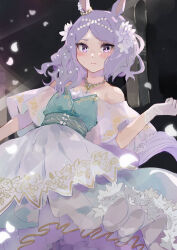 Rule 34 | 1girl, absurdres, alternate hairstyle, bana (stand flower), blush, closed mouth, dress, embarrassed, flat chest, flower, frilled dress, frills, gloves, green dress, highres, holding, holding flower, layered dress, long hair, looking at viewer, mejiro mcqueen (umamusume), off-shoulder dress, off shoulder, pearl hair ornament, purple hair, sash, see-through, see-through sleeves, short sleeves, solo, swept bangs, umamusume, underbust, wavy hair, white dress, white gloves