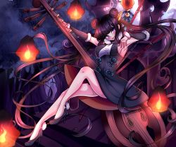Rule 34 | 1girl, absurdres, black dress, china dress, chinese clothes, detached sleeves, double bun, dress, fate/grand order, fate (series), flute, foxisdrawing, hair bun, hair ornament, highres, huge filesize, instrument, leaf hair ornament, long hair, lychee, pipa (instrument), purple hair, sidelocks, twintails, very long hair, yang guifei (fate), yang guifei (first ascension) (fate)