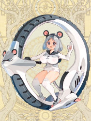 Rule 34 | 1girl, abstract background, animal ears, art nouveau, breasts, covered erect nipples, dairoku ryouhei, fake animal ears, full body, gloves, grey eyes, grey hair, hand up, hood, hood down, hoodie, impossible clothes, large breasts, looking at viewer, mittens, monowheel, mouse ears, nipples, no pants, official art, open mouth, panties, riding, ryoji (nomura ryouji), short hair, solo, thighhighs, underwear, waving, white panties, white thighhighs, yellow background
