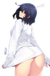 Rule 34 | 1girl, arms at sides, artist name, ass, back, bare legs, black hair, blue eyes, bottomless, breasts, closed mouth, clothes tug, collared shirt, cowboy shot, dress shirt, from behind, hair between eyes, half-closed eyes, heart, highres, jjune, legs together, long sleeves, looking at viewer, looking back, medium breasts, naked shirt, original, shirt, shirt tug, short hair, simple background, sleeves past wrists, smile, solo, standing, white background, white shirt