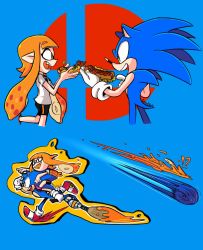 Rule 34 | 1boy, 1girl, agentskull72, blue background, carrying, chili dog, eating, food, furry, furry male, inkling, inkling girl, inkling player character, nintendo, piggyback, short hair with long locks, simple background, sonic (series), sonic the hedgehog, splatoon (series), splatoon 1, standing, standing on one leg, super smash bros., tentacle hair