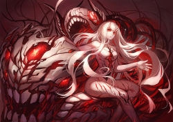 Rule 34 | 10s, 1girl, abyssal ship, breasts, central princess, colored skin, gods (1073337800), highres, horns, kantai collection, lips, long hair, looking away, open mouth, pale skin, red eyes, sitting, very long hair, white hair, white skin