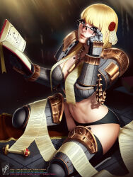Rule 34 | 1girl, adeptus astartes, adjusting eyewear, armor, armored boots, bible (object), black panties, blonde hair, blue eyes, bob cut, book, boots, bra, breasts, cleavage, closed mouth, commentary, english commentary, freckles, gauntlets, glasses, hair ornament, highres, holding, holding book, large breasts, lips, looking at viewer, midriff, navel, panties, photoshop (medium), revealing clothes, revision, seiza, short hair, sitting, smile, solo, space marine, themaestronoob, underwear, warhammer 40k, watermark, wax seal, web address, word bearers