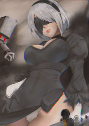 Rule 34 | 1girl, android, bad id, bad pixiv id, black dress, black hairband, blindfold, breasts, chromatic aberration, cleavage, cleavage cutout, closed mouth, clothing cutout, covered eyes, covered navel, cowboy shot, dress, drone, gloves, groin, hair over eyes, hairband, highleg, highleg leotard, highres, holding, holding sword, holding weapon, huihuimao, juliet sleeves, large breasts, legs together, leotard, lips, long sleeves, machinery, mole, mole under mouth, nier (series), nier:automata, pink lips, pod (nier:automata), puffy sleeves, robot, short hair, side slit, silver hair, solo, sword, turtleneck, vambraces, weapon, white leotard, 2b (nier:automata)