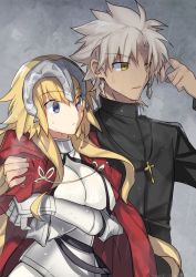 Rule 34 | 1boy, 1girl, amakusa shirou (fate), armor, armored dress, black jacket, blonde hair, blue eyes, borrowed clothes, cape, commentary request, cross, cross necklace, dark-skinned male, dark skin, dress, earrings, fate/apocrypha, fate/grand order, fate (series), hand on another&#039;s shoulder, highres, jacket, jeanne d&#039;arc (fate), jeanne d&#039;arc (ruler) (fate), jeanne d&#039;arc (third ascension) (fate), jewelry, long hair, necklace, nikame, one eye closed, rain, red cape, simple background, surprised, very long hair, wet, wet hair, white armor, white dress, white hair, yellow eyes