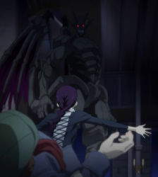 Rule 34 | 1girl, 2boys, glowing, glowing eyes, highres, katsute kami datta kemonotachi e, multiple boys, nancy schaal bancroft, red eyes, screencap, size difference, stitched, third-party edit, wings