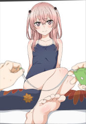 Rule 34 | 1boy, 1girl, barefoot, black flower, black rose, blue one-piece swimsuit, blush, breasts, commentary request, competition school swimsuit, crossed bangs, embarrassed, feet, flower, foot focus, foreshortening, hair between eyes, hair flower, hair ornament, highres, inui sajuna, long hair, nnyu, one-piece swimsuit, pink eyes, pink hair, pov, pov hands, rose, school swimsuit, sitting, small breasts, solo focus, sono bisque doll wa koi wo suru, sweatdrop, swimsuit, tape measure, toes, white background