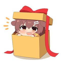 Rule 34 | 1girl, animal ears, blush, bone hair ornament, box, brown eyes, brown hair, cartoon bone, chibi, dog ears, dog girl, fangs, hair between eyes, hair ornament, hololive, in box, in container, inugami korone, long hair, open mouth, smile, solo, teeth, twumi, upper teeth only, virtual youtuber, white background