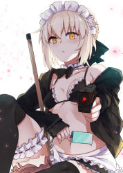 Rule 34 | 1girl, :&lt;, aiming, aiming at viewer, apron, artoria pendragon (all), artoria pendragon (alter swimsuit rider) (fate), artoria pendragon (alter swimsuit rider) (second ascension) (fate), artoria pendragon (fate), between legs, bikini, bikini under clothes, black jacket, black thighhighs, blonde hair, breasts, bridal garter, detached collar, fate/grand order, fate (series), food, glock, gun, hair ribbon, handgun, holding, holding food, holding gun, holding weapon, jacket, knee up, kusano houki, long sleeves, looking at viewer, maid, maid bikini, maid headdress, mop, navel, off shoulder, outstretched arm, pistol, popsicle, ribbon, ribbon-trimmed collar, ribbon trim, saber alter, short hair, sitting, small breasts, solo, swimsuit, thighhighs, unconventional maid, weapon, white background, yellow eyes