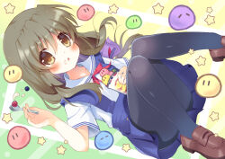Rule 34 | 1girl, :o, black pantyhose, blue skirt, blush, bow, brown eyes, brown footwear, clannad, commentary request, convenient leg, cup, dango daikazoku, dutch angle, eyes visible through hair, floating hair, food, food on face, foot out of frame, glass, hair between eyes, hair bow, hand up, haruchimo, high-waist skirt, hikarizaka private high school uniform, holding, holding cup, holding spoon, ibuki fuuko, ice cream, knees together feet apart, knees up, loafers, long hair, looking at viewer, open mouth, pantyhose, purple bow, red ribbon, ribbon, sailor collar, school uniform, shirt, shoes, short sleeves, sidelocks, simple background, sitting, skirt, solo, spoon, star (symbol), suspender skirt, suspenders, tareme, thighs, white sailor collar, white shirt, yellow background, | |