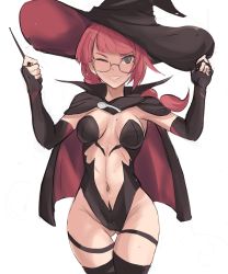 Rule 34 | 1girl, black cape, black thighhighs, borrowed character, breasts, breasts apart, brown eyes, cape, cowboy shot, elbow gloves, fingerless gloves, glasses, gloves, hat, highres, holding, holding wand, looking at viewer, medium breasts, navel, one eye closed, original, pink hair, ponytail, rakeemspoon, simple background, solo, thighhighs, wand, white background, witch hat