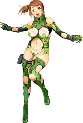 Rule 34 | 1girl, bodysuit, brown eyes, brown hair, full body, gloves, hair ornament, hairclip, navel, official art, olive oppert, open mouth, outstretched arms, short hair, side ponytail, solo, spread arms, super robot wars, super robot wars x-omega, swept bangs, teeth, transparent background, upper teeth only, watanabe wataru (character designer)