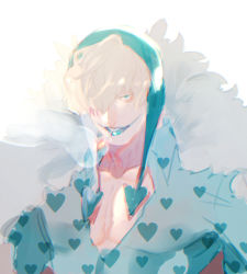 Rule 34 | 1boy, blonde hair, cape, cigarette, collarbone, collared shirt, donquixote rocinante, facial mark, fur cape, green eyes, hair over one eye, hat, heart, high collar, lipgloss, lipstick, looking at viewer, makeup, male focus, mouth hold, muyukikiyoshi11521, one piece, parted lips, pectorals, shirt, short hair, smile, smoke, smoking, solo, upper body