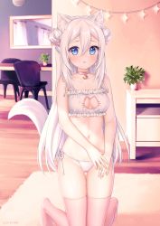 Rule 34 | 1girl, :o, animal ear fluff, animal ears, artist name, bad id, bad pixiv id, bare arms, bare shoulders, bell, blue eyes, blush, bra, cat cutout, cat ear panties, cat ears, cat girl, cat lingerie, cat tail, chair, choker, cleavage cutout, clothing cutout, double bun, frilled bra, frills, groin, hair between eyes, hair bun, highres, indoors, jingle bell, kneeling, long hair, meme attire, mirror, nami (nyaa), navel, neck bell, no shoes, original, panties, parted lips, pink choker, pink thighhighs, plant, potted plant, side-tie panties, sidelocks, silver hair, solo, table, tail, thigh gap, thighhighs, underwear, underwear only, very long hair, white bra, white panties