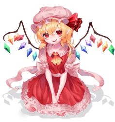 Rule 34 | 1girl, :d, ascot, blonde hair, blush, crystal, fangs, flandre scarlet, frilled shirt collar, frilled skirt, frills, hair between eyes, hat, hat ribbon, highres, looking at viewer, mob cap, open mouth, petticoat, pointy ears, puffy short sleeves, puffy sleeves, red eyes, red ribbon, red skirt, red vest, ribbon, shianebulae, shirt, short sleeves, sitting, skirt, skirt set, smile, solo, teeth, touhou, v arms, vest, wings