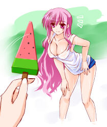 Rule 34 | 1girl, blue shorts, blush, breasts, cleavage, closed mouth, collarbone, engo (aquawatery), food, kyrie florian, large breasts, leaning forward, long hair, lyrical nanoha, no bra, pink eyes, pink hair, popsicle, shirt, shorts, smile, solo, very long hair, white shirt