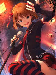 Rule 34 | 1girl, amami haruka, arm up, bad id, bad tumblr id, elbow gloves, fingerless gloves, gloves, green eyes, hair ribbon, highres, idolmaster, idolmaster (classic), looking at viewer, microphone, microphone stand, necktie, open mouth, plaid, plaid skirt, punkish gothic, ribbon, short hair, skirt, solo, striped clothes, striped thighhighs, teiryoku lolita, thighhighs