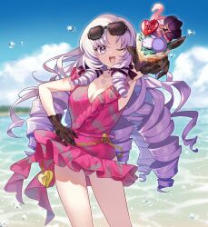 Rule 34 | 1girl, :d, alternate costume, beach, black gloves, blue sky, breasts, chest tattoo, cleavage, cloud, collarbone, crepe, drill hair, eyewear on head, floral print, food, gloves, hair ribbon, hand on own hip, highres, hyakumantenbara salome, ice cream crepe, large breasts, light purple hair, long hair, looking at viewer, nijisanji, nishiyama (nicf), ocean, one-piece swimsuit, one eye closed, open mouth, parted bangs, pink one-piece swimsuit, print gloves, purple eyes, purple ribbon, ribbon, ringlets, scorpion tattoo, see-through, see-through gloves, sky, smile, solo, star (symbol), star in eye, summer, sunglasses, swimsuit, symbol in eye, tattoo, thighs, virtual youtuber