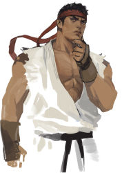 Rule 34 | 1boy, bad id, bad pixiv id, black hair, dougi, eyebrows, fingerless gloves, gloves, hand on own chin, headband, highres, male focus, ryu (street fighter), simple background, sketch, sleeveless, solo, street fighter, thick eyebrows, victor bang, white background
