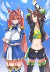 Rule 34 | &gt;:), 2girls, absurdres, animal ears, arms up, belt, black jacket, black shorts, blue bow, blue bowtie, blue dress, blue sky, bow, bowtie, breasts, brown eyes, brown hair, center frills, cloud, commentary request, cowboy shot, crop top, daiwa scarlet (umamusume), day, dress, epaulettes, frills, garter straps, gatcha (gotcha), grin, hair between eyes, highres, horse ears, jacket, jewelry, juliet sleeves, large breasts, long hair, long sleeves, looking at another, midriff, multiple girls, navel, open clothes, open jacket, partial commentary, pendant, petals, pink eyes, puffy sleeves, shirt, short dress, shorts, sky, smile, standing, stomach, sun, tail, thighhighs, tiara, twintails, umamusume, v-shaped eyebrows, very long hair, vodka (umamusume), yellow shirt