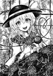 Rule 34 | 1girl, :d, commentary request, floral print, greyscale, hat, hat ribbon, heart, heart of string, highres, komeiji koishi, looking at viewer, medium hair, monochrome, open mouth, ribbon, rose print, smile, solo, teeth, third eye, touhou, upper teeth only, washiwa