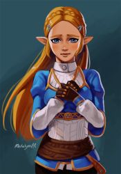 Rule 34 | 1girl, blonde hair, blue eyes, breasts, cowboy shot, fingerless gloves, forehead, gloves, hair ornament, hairclip, lips, long hair, mella, nintendo, own hands clasped, own hands together, parted bangs, pointy ears, princess zelda, simple background, small breasts, solo, the legend of zelda, the legend of zelda: breath of the wild, thick eyebrows, tunic