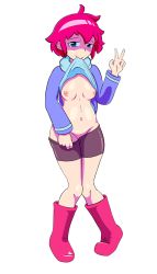 Rule 34 | 1girl, bike shorts, bike shorts pull, blue dress, blue eyes, boots, breasts, clothes lift, dress, dress lift, female focus, flashing, full body, fuppy-jr, half-closed eyes, hand up, highres, knees together feet apart, kumatora, lifted by self, long sleeves, looking at viewer, mother (game), mother 3, mouth hold, navel, nintendo, nipples, no bra, pink footwear, pink hair, short hair, small breasts, smile, solo, standing, transparent background, v