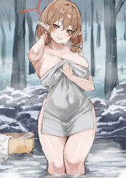 Rule 34 | 1girl, absurdres, adjusting clothes, blue archive, breasts, brown hair, chinatsu (blue archive), covered navel, grin, hair between eyes, halo, highres, large breasts, long hair, looking at viewer, mr.zhuo, naked towel, onsen, pointy ears, smile, snow, solo, towel, tree, wading, water, yellow eyes