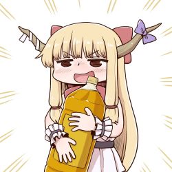 Rule 34 | 1girl, :d, blonde hair, blush, bottle, bow, cowboy shot, drunk, emphasis lines, hair bow, holding, horn bow, horns, ibuki suika, jitome, long hair, open mouth, poronegi, purple bow, red bow, smile, solo, touhou, white background, wristband