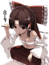 Rule 34 | 1girl, bare shoulders, bow, breasts, brown hair, cleavage, commentary request, detached sleeves, gohei, hair bow, hair tubes, hakurei reimu, highres, holding, looking at viewer, medium breasts, navel, red bow, red eyes, red skirt, ribbon-trimmed sleeves, ribbon trim, sarashi, skirt, solo, squatting, touhou, zuttokodomo