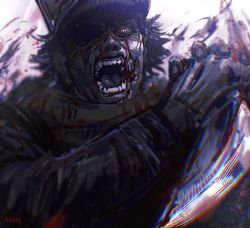 Rule 34 | angry, anniechromes, blood, blood on face, creepy, glowing, glowing eye, golden kamuy, hat, highres, holding, holding knife, incoming attack, jacket, knife, long sleeves, military hat, open mouth, red eyes, reverse grip, scar, scar on face, scarf, shaded face, sugimoto saichi, teeth, white background