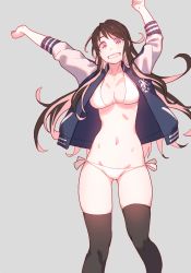 Rule 34 | 1girl, alternate costume, arms up, bikini, black hair, black thighhighs, breasts, feet out of frame, grey background, grin, highres, jacket, kantai collection, large breasts, long hair, looking at viewer, lowleg, lowleg bikini, multicolored clothes, multicolored hair, multicolored jacket, naganami (kancolle), pink hair, purple eyes, side-tie bikini bottom, simple background, smile, solo, swimsuit, thighhighs, two-tone hair, wavy hair, white bikini, white sleeves, yuuji (and)