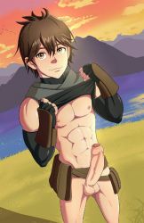 Rule 34 | 10s, 1boy, artist request, brown eyes, clothes lift, erection, foreskin, hai to gensou no grimgar, haruhiro (grimgar), highres, looking at viewer, male focus, no pants, penis, phimosis, shirt lift, solo, yaoi