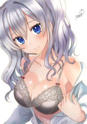 Rule 34 | 1girl, blue eyes, blush, bra, breasts, cleavage, collarbone, commentary request, grey bra, kantai collection, kashima (kancolle), large breasts, long hair, long sleeves, looking at viewer, open clothes, open shirt, silver hair, simple background, solo, underwear, undressing, upper body, white background, yumi yumi