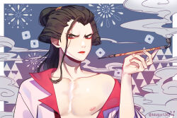 Rule 34 | 1boy, artist name, bbzico1267, black eyes, black hair, closed mouth, commentary request, hair ornament, holding, holding smoking pipe, izou (one piece), japanese clothes, kimono, lips, lipstick, long hair, makeup, male focus, one piece, red lips, signature, smoking pipe, solo