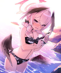 Rule 34 | 1girl, bikini, black wings, blue archive, flat chest, front-tie bikini top, front-tie top, halo, head wings, koharu (blue archive), koharu (swimsuit) (blue archive), looking at viewer, medium hair, momoyama momo, official alternate costume, open mouth, pink eyes, pink halo, solo, swimsuit, twintails, wavy mouth, wet, wings