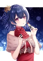 Rule 34 | 1girl, bare shoulders, blue hair, blush, breasts, cosmetics, dress, earrings, hair ornament, highres, hiiragi kei, holding, holding lipstick tube, idolmaster, idolmaster shiny colors, jewelry, lipstick, lipstick tube, looking at viewer, makeup, medium hair, morino rinze, nail polish, open mouth, parted lips, red eyes, ribbon, small breasts, solo