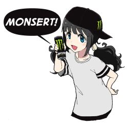 Rule 34 | 1girl, aiu404l, black hair, blue eyes, can, commentary, egg (aiu404l), energy drink, english commentary, english text, hair ornament, hand on own hip, highres, holding, long hair, looking at viewer, low twintails, monster energy, open mouth, original, shirt, short sleeves, smile, solo, twintails, white background