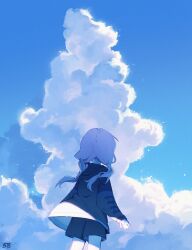 Rule 34 | 1girl, arknights, black shorts, blue jacket, blue poison (arknights), blue theme, cloud, cloudy sky, cowboy shot, cumulonimbus cloud, floating hair, from behind, highres, jacket, long hair, long sleeves, low twintails, nape, pink hair, ruri (dailybloopy), shorts, sky, solo, twintails