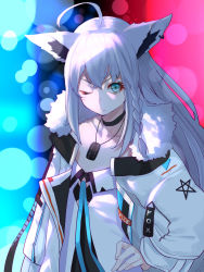 Rule 34 | 1girl, ahoge, animal ears, blue eyes, braid, clothes writing, dog tags, fox ears, hand on own hip, highres, hololive, jacket, long hair, looking at viewer, mikan (chipstar182), one eye closed, shirakami fubuki, shirakami fubuki (fubukitek), single braid, solo, two-tone background, upper body, virtual youtuber, white hair, white jacket
