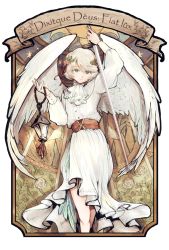 Rule 34 | androgynous, angel, angel wings, bird, blonde hair, dove, dress, feet out of frame, flower, gender request, holding, holding lantern, holding sword, holding weapon, itsukazu, lantern, latin text, long sleeves, looking at viewer, original, pink flower, platinum blonde hair, short hair, solo, sword, weapon, white bird, white dress, wings