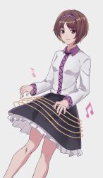 Rule 34 | 1girl, absurdres, beamed eighth notes, black skirt, brown eyes, brown hair, chaoyu (scrjx), closed mouth, collared shirt, eighth note, feet out of frame, frilled skirt, frills, hairband, highres, light smile, long sleeves, musical note, purple hairband, shirt, short hair, simple background, skirt, solo, touhou, tsukumo yatsuhashi, white background, white shirt