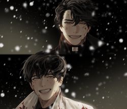 2boys absurdres black_eyes black_hair black_jacket blackbox_(blackbox9158) blood blood_on_clothes blood_on_face dark_background highres jacket kim_dokja korean_commentary looking_at_viewer male_focus multiple_boys omniscient_reader&#039;s_viewpoint short_hair smile snow tears white_jacket yoo_joonghyuk