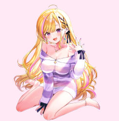 Rule 34 | 1girl, :d, ahoge, anklet, bare shoulders, barefoot, black ribbon, blonde hair, blush, braid, breasts, character request, cleavage, collarbone, earrings, fang, full body, hair ribbon, hand up, head tilt, highres, jewelry, large breasts, long hair, long sleeves, looking at viewer, mob shika katan!, multicolored hair, nail polish, necklace, nekoyashiki pushio, novel illustration, off shoulder, official art, open mouth, ornate ring, pink background, pink nails, purple eyes, ribbon, ring, shell, shell earrings, simple background, sitting, skin fang, smile, solo, sparkle, star (symbol), star earrings, streaked hair, thighs, toenail polish, toenails, toes, very long hair, wariza, wedding ring