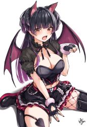 1girl absurdres animal_ears bat_wings black_footwear black_gloves black_hair black_skirt blunt_bangs boots breasts brown_eyes cat_ears cleavage endo_yohane fingerless_gloves frilled_skirt frills gloves highres idolmaster idolmaster_shiny_colors idolmaster_shiny_colors_song_for_prism large_breasts long_hair looking_at_viewer mayuzumi_fuyuko navel sitting skirt solo thigh_boots two_side_up wariza wings