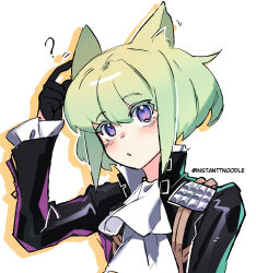 Rule 34 | 1boy, ?, absurdres, animal ears, artist name, ascot, black gloves, black jacket, blush, cat boy, cat ears, colored shadow, gloves, green hair, half gloves, hand up, highres, instanttnoodle, jacket, kemonomimi mode, lio fotia, male focus, parted lips, promare, purple eyes, shadow, short hair, simple background, solo, trap, upper body, white ascot, white background
