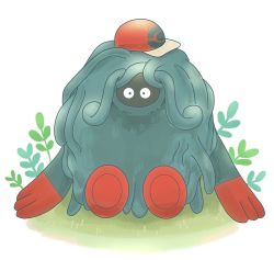 Rule 34 | artist request, baseball cap, creature, creatures (company), full body, game freak, gen 4 pokemon, grass, hat, head wreath, looking at viewer, nintendo, no humans, plant, plant monster, poke ball symbol, pokemon, pokemon (creature), simple background, sitting, solo, tangrowth, tentacles, white background